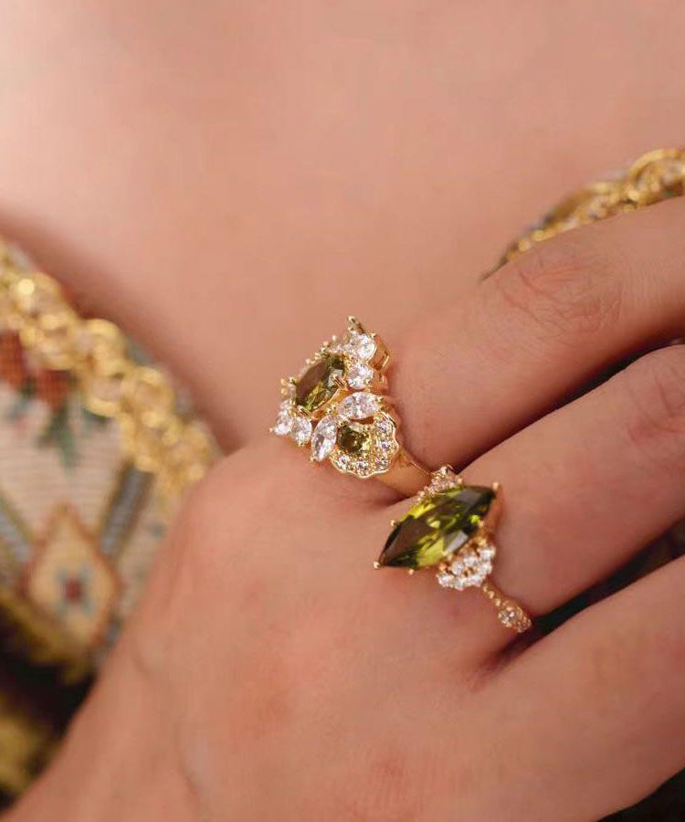 Stylish Stone Olive Rings Zircon Gem Green Copper Alloy Open