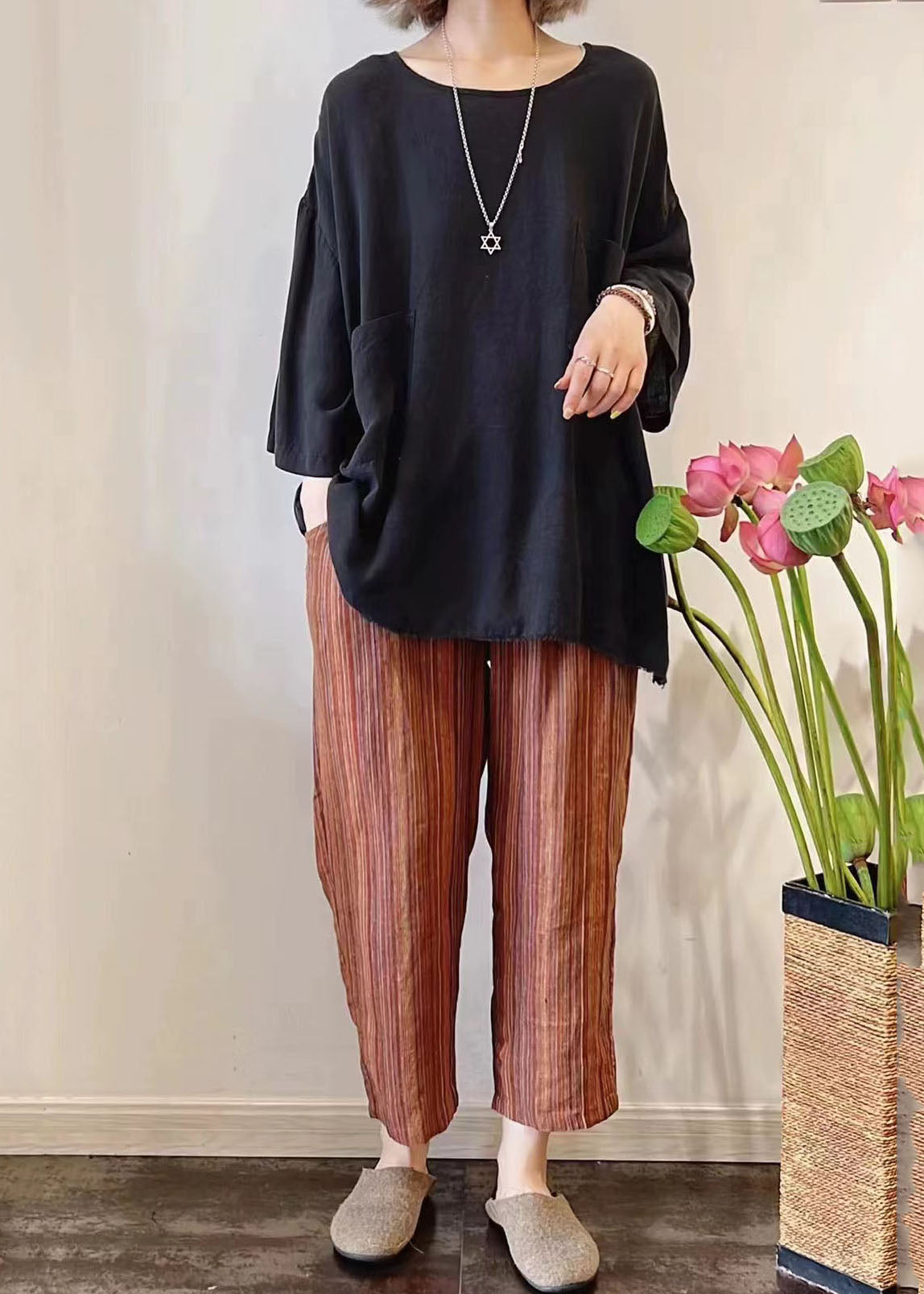 Orange Stylish Oversized Pants Harem Summer Linen Striped