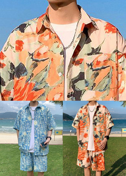 Stylish Orange Peter Pan Collar Print Ice Silk Mens Sets 2 Pieces Short Sleeve HG043