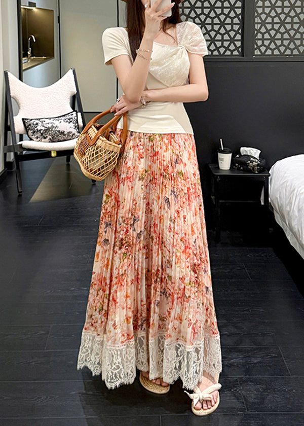 Summer Patchwork Chiffon Pleated Skirt Orange Stylish Lace Print