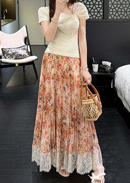 Summer Patchwork Chiffon Pleated Skirt Orange Stylish Lace Print