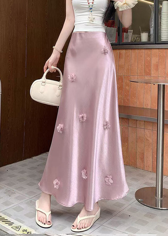 Floral Silk Stylish High Pink Skirt Summer Waist