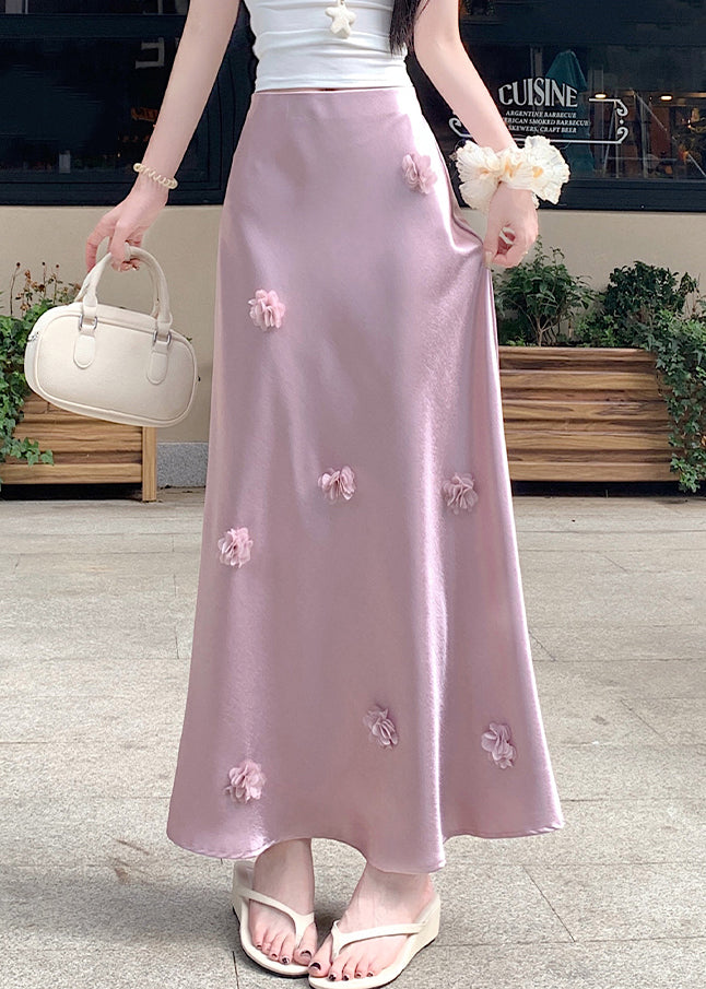 Floral Silk Stylish High Pink Skirt Summer Waist