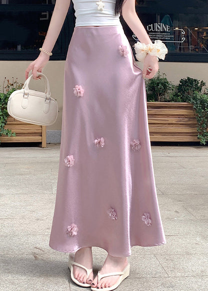 Floral Silk Stylish High Pink Skirt Summer Waist