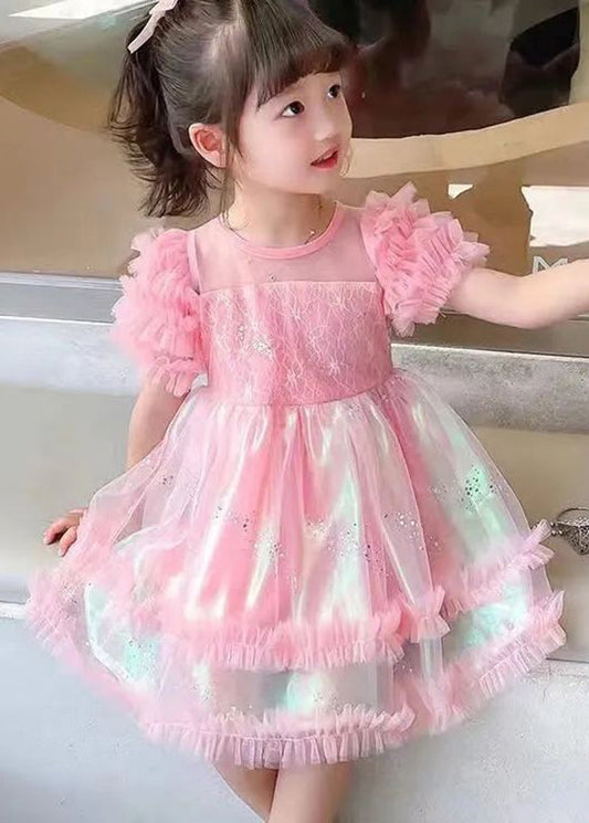 Stylish Pink Floral Sequins Flattering Tulle Girls Long Dresses Short Sleeve EW021