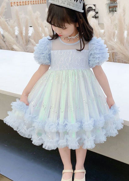 Stylish Pink Floral Sequins Flattering Tulle Girls Long Dresses Short Sleeve EW021