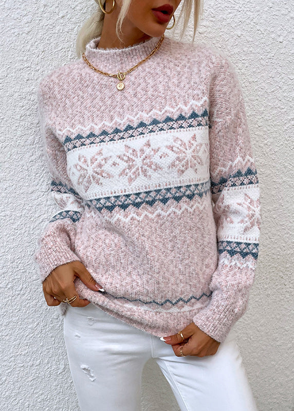 Stylish Pink Half Hign Neck Jacquard Thick Knit Sweaters Fall QY014