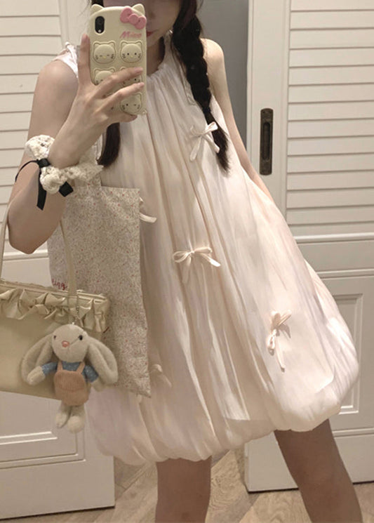 Cotton Dress Mid Bow Stylish Sleeveless Lace Pink Up