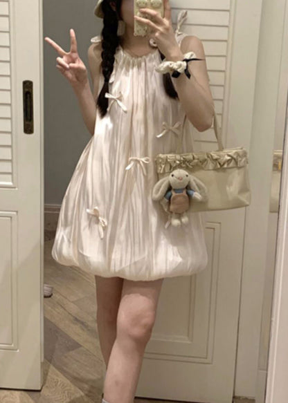 Cotton Dress Mid Bow Stylish Sleeveless Lace Pink Up