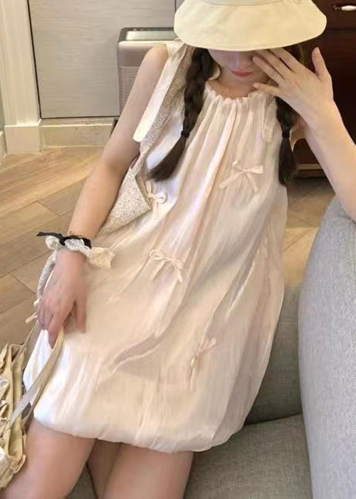 Cotton Dress Mid Bow Stylish Sleeveless Lace Pink Up