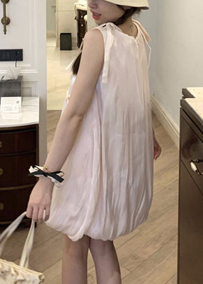 Cotton Dress Mid Bow Stylish Sleeveless Lace Pink Up