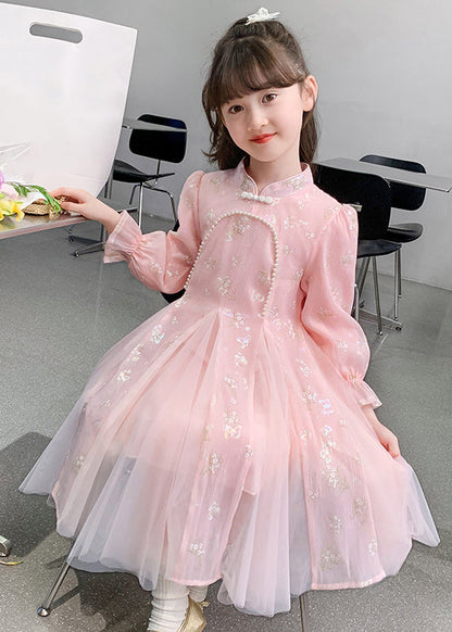 Kids Long Bead Sleeve Stylish Nail Dresses Pink Floral Tulle