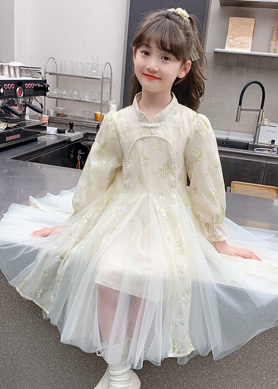 Kids Long Bead Sleeve Stylish Nail Dresses Pink Floral Tulle