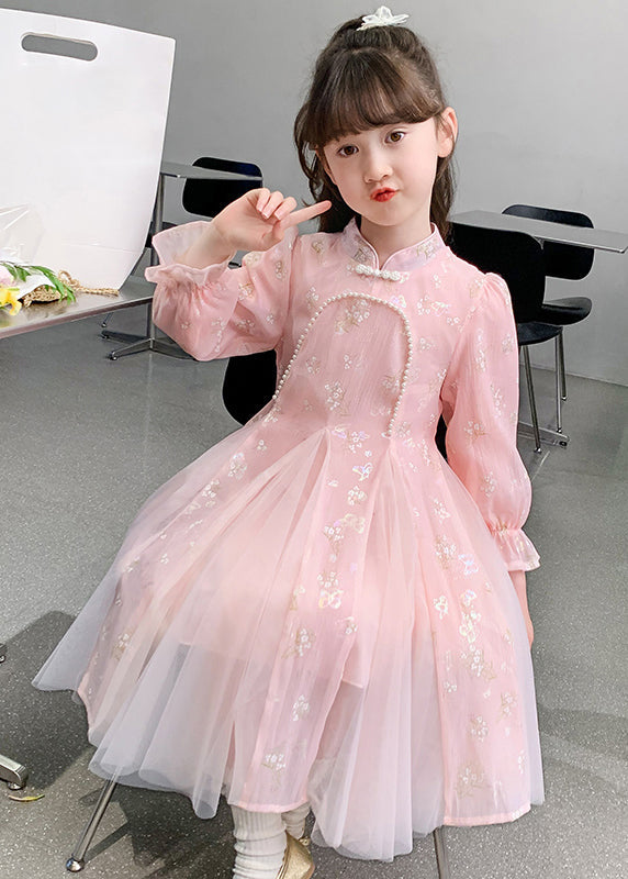 Kids Long Bead Sleeve Stylish Nail Dresses Pink Floral Tulle