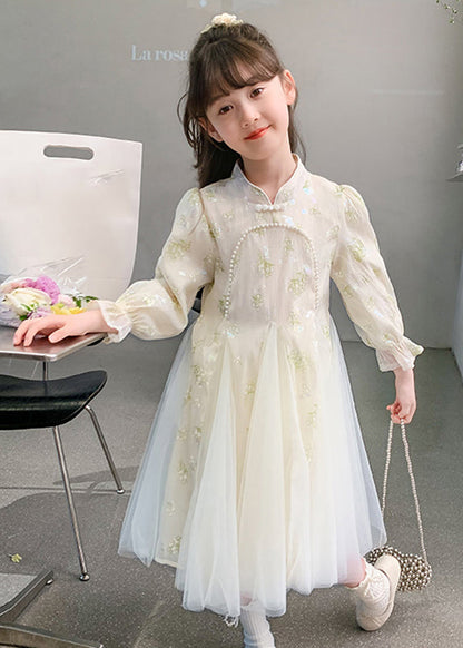 Kids Long Bead Sleeve Stylish Nail Dresses Pink Floral Tulle
