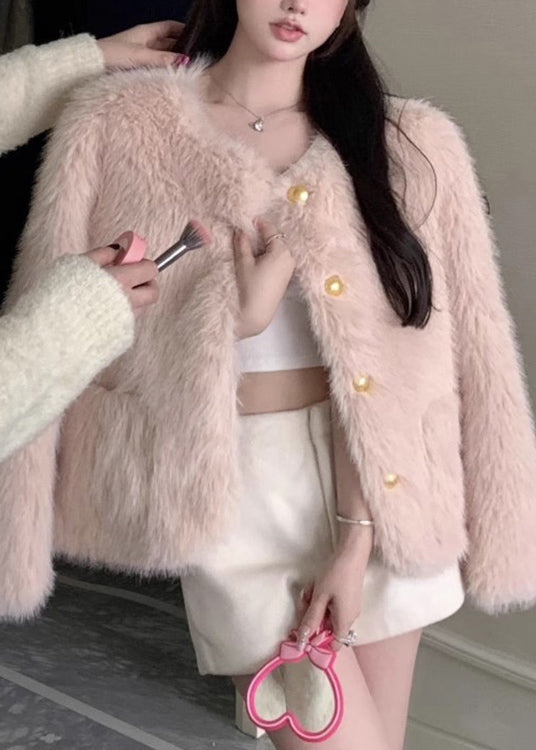 Veste d'hiver en fausse fourrure rose élégante avec poches WO021