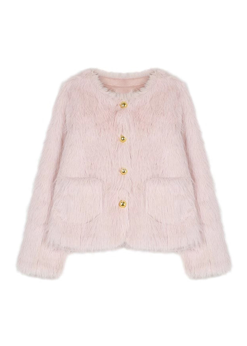 Veste d'hiver en fausse fourrure rose élégante avec poches WO021