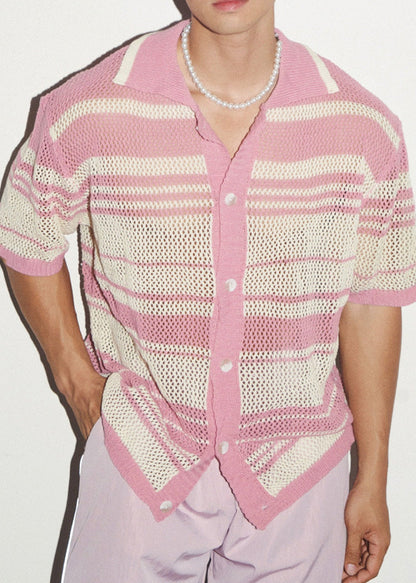 Shirts Knit Striped Men Stylish Apparel Out Pink Hollow Polo