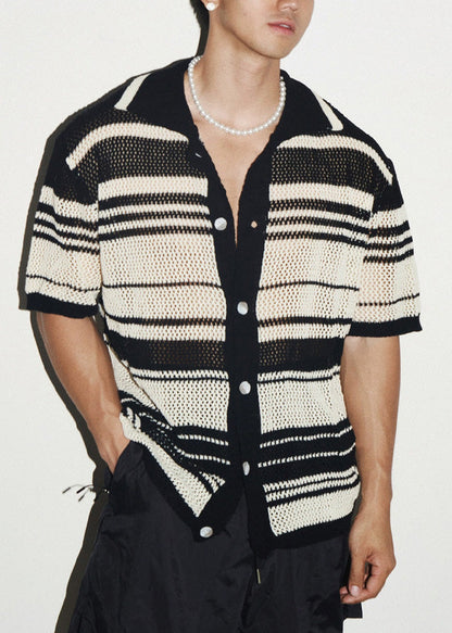 Shirts Knit Striped Men Stylish Apparel Out Pink Hollow Polo