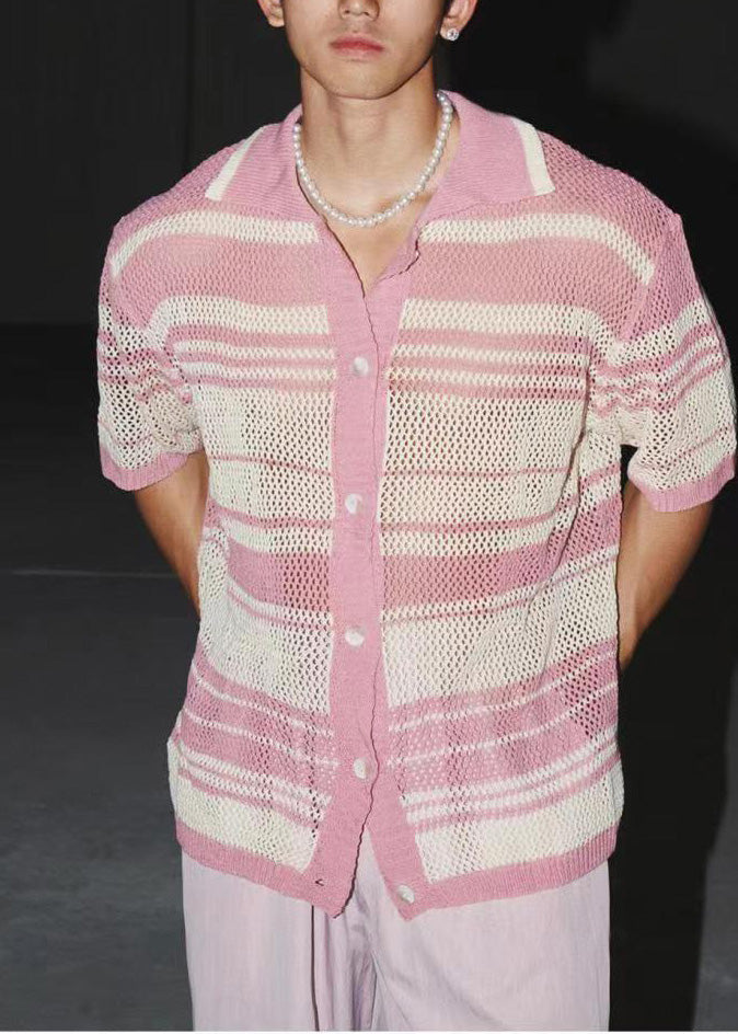 Shirts Knit Striped Men Stylish Apparel Out Pink Hollow Polo