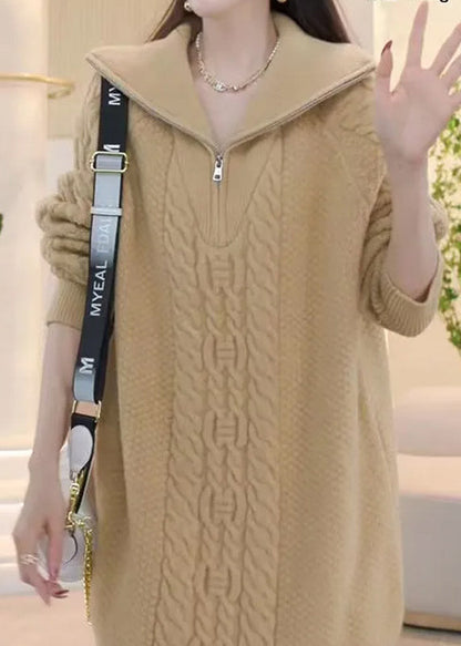 Stylish Pink Zip Up Patchwork Cable Knit Knitwear Dress Winter RF005