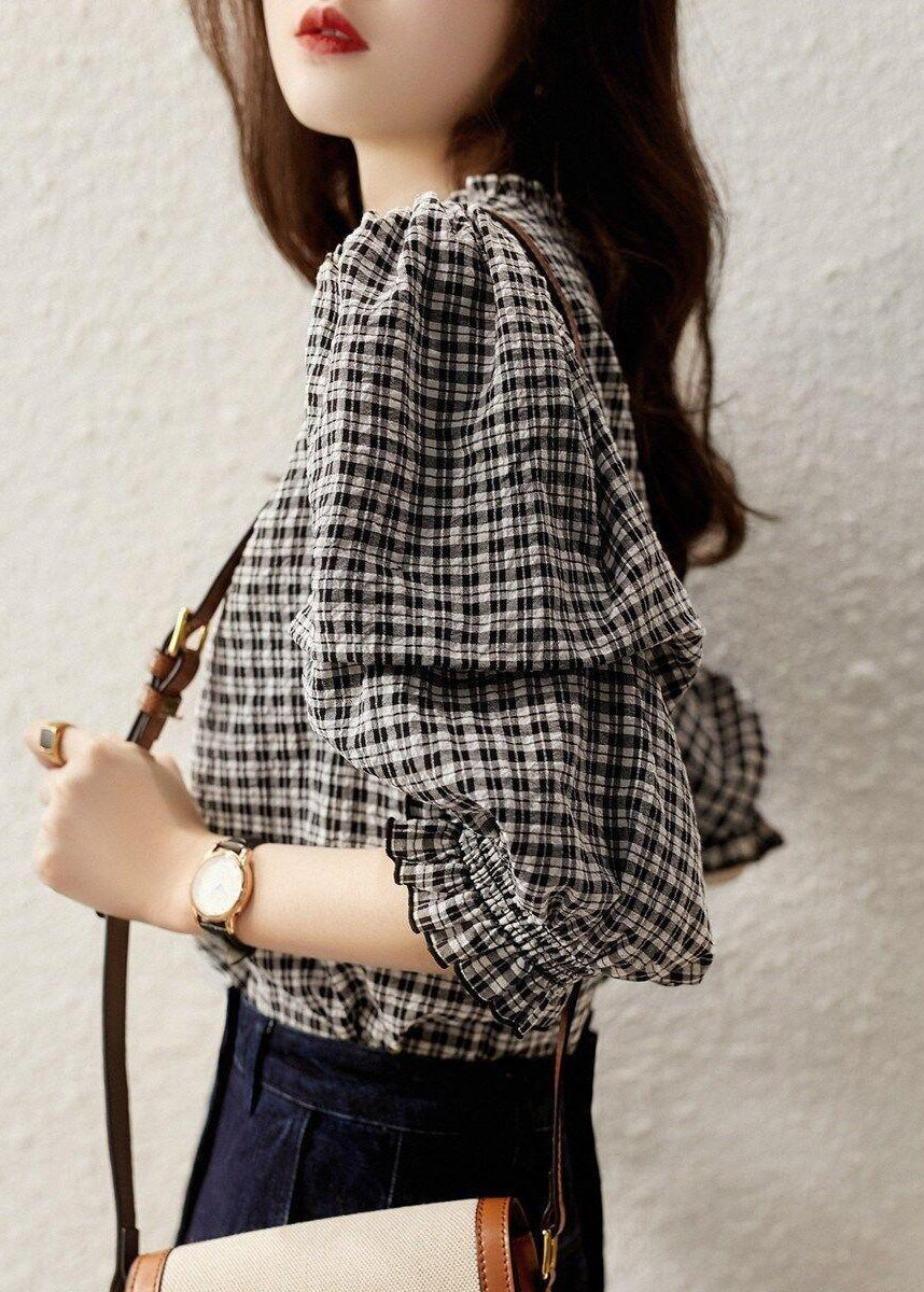 Stylish Plaid Ruffled Button Cotton Shirt Half Sleeve RE023