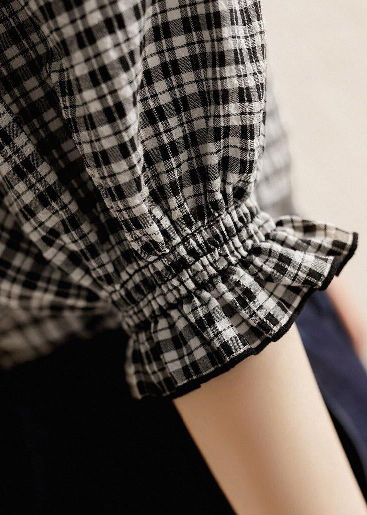 Stylish Plaid Ruffled Button Cotton Shirt Half Sleeve RE023