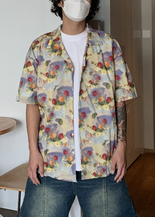 Button Stylish Mens Shirts Summer Print Cotton