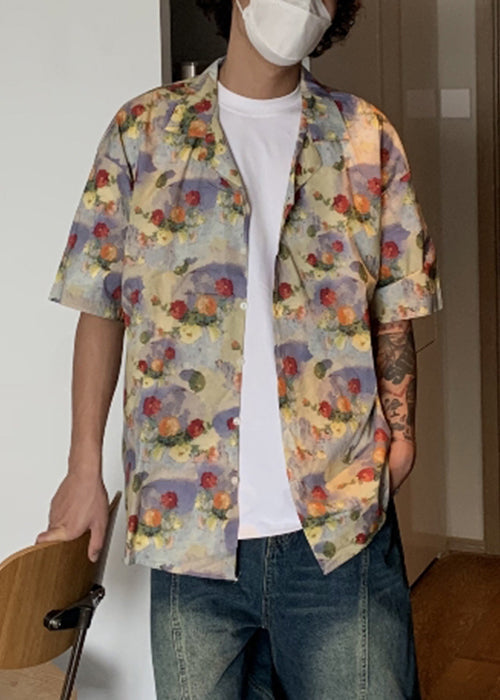 Button Stylish Mens Shirts Summer Print Cotton