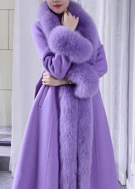 Stylish Purple Bow Tie Waist Woolen Long Coats Winter RD003