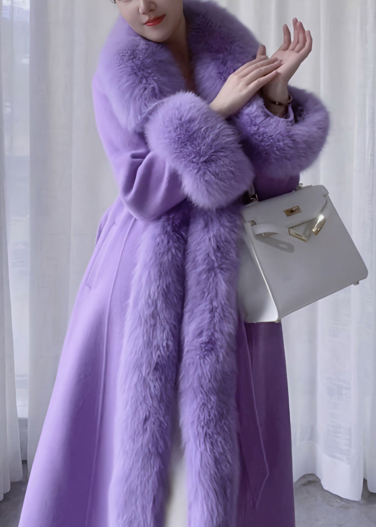 Stylish Purple Bow Tie Waist Woolen Long Coats Winter RD003