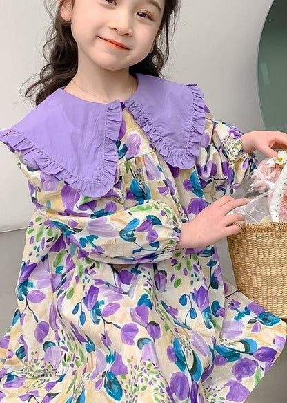 Stylish Purple Peter Pan Collar Print Girls Long Dresses Long Sleeve SS1058