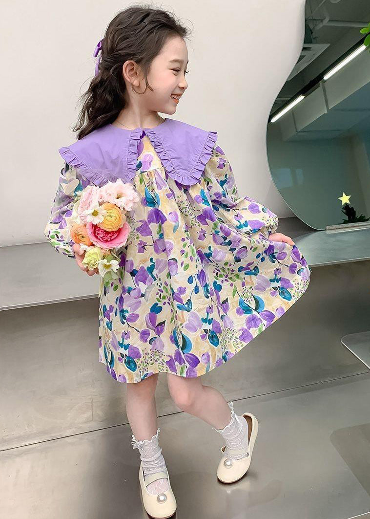 Stylish Purple Peter Pan Collar Print Girls Long Dresses Long Sleeve SS1058