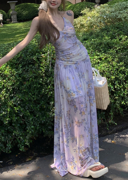 Dresses Purple Stylish Lace Tulle Up Long Print Sleeveless