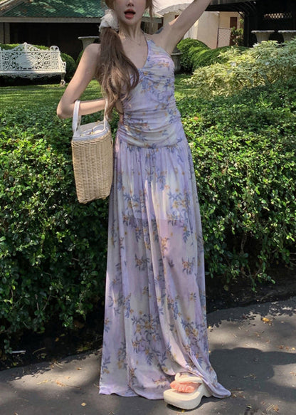 Dresses Purple Stylish Lace Tulle Up Long Print Sleeveless