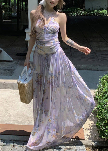 Dresses Purple Stylish Lace Tulle Up Long Print Sleeveless