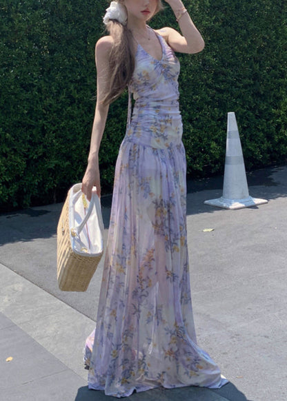 Dresses Purple Stylish Lace Tulle Up Long Print Sleeveless