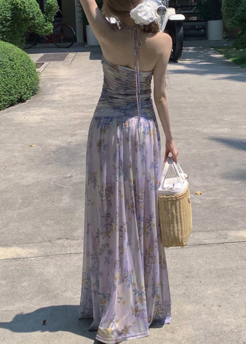 Dresses Purple Stylish Lace Tulle Up Long Print Sleeveless