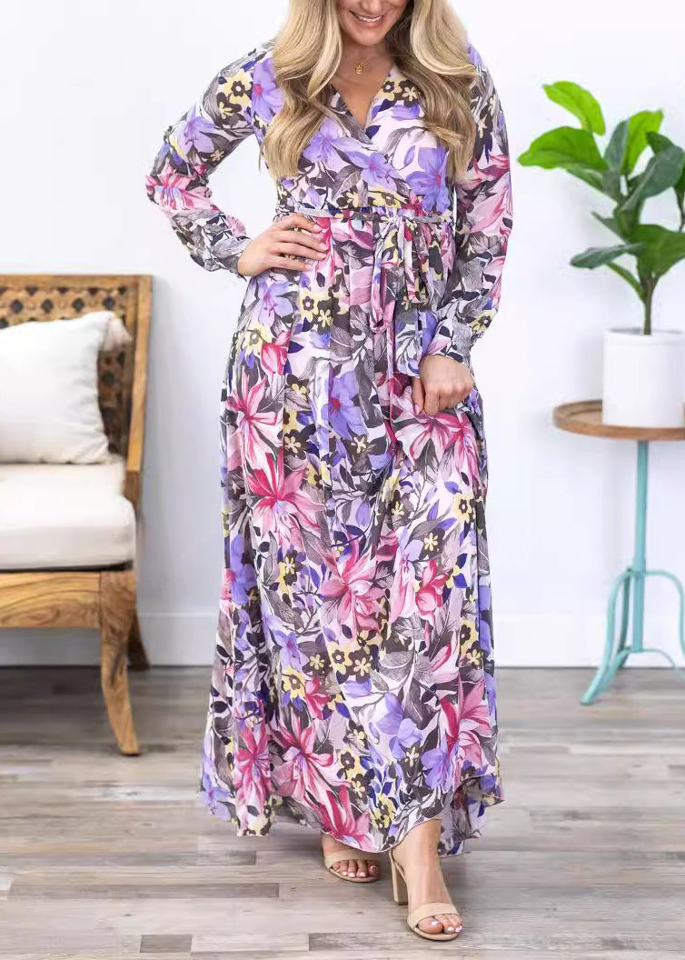 Stilvolles lila bedrucktes Chiffon-Maxikleid mit Bindegürtel und langen Ärmeln AU1030