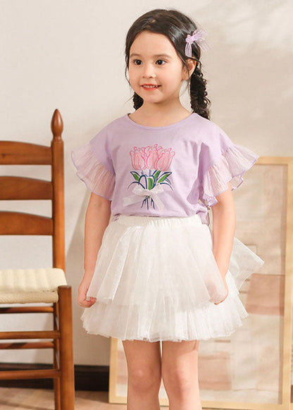 Ensemble élégant en tulle violet imprimé patchwork pour fille avec haut et jupes plissées deux pièces pour l'été SS1011