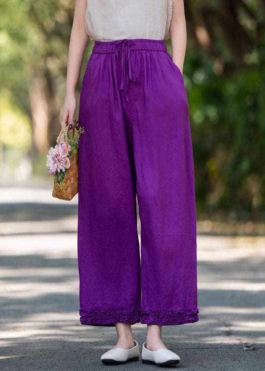 Linen Purple Solid Pockets Wide Pants Ruffled Leg Stylish