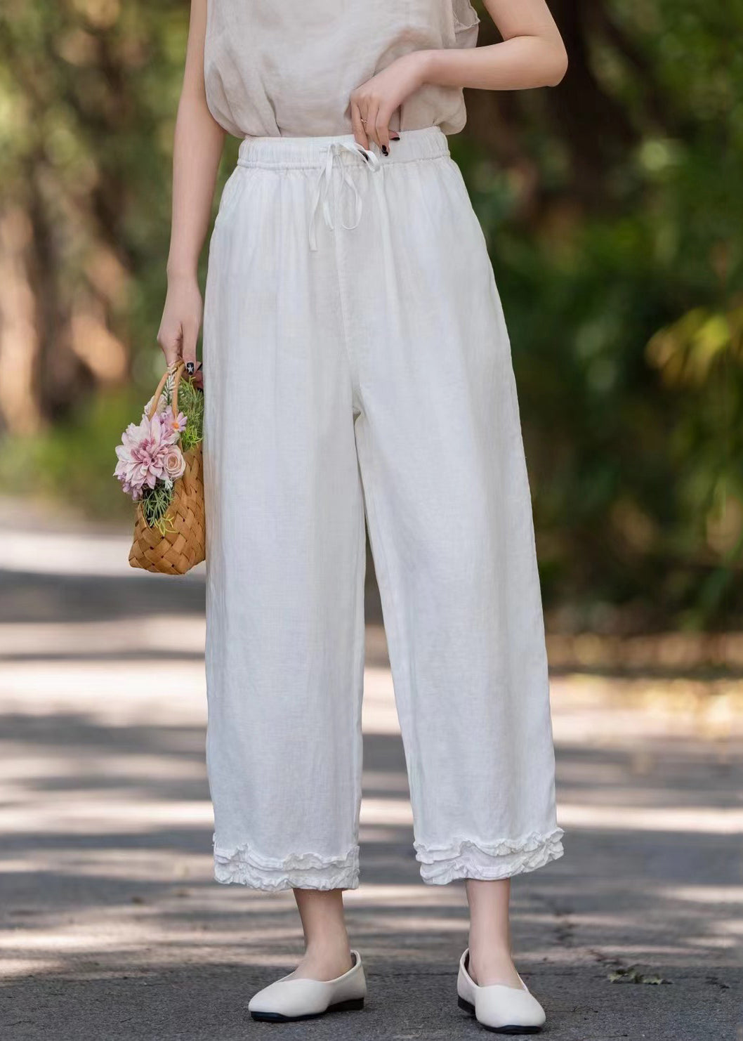 Linen Purple Solid Pockets Wide Pants Ruffled Leg Stylish