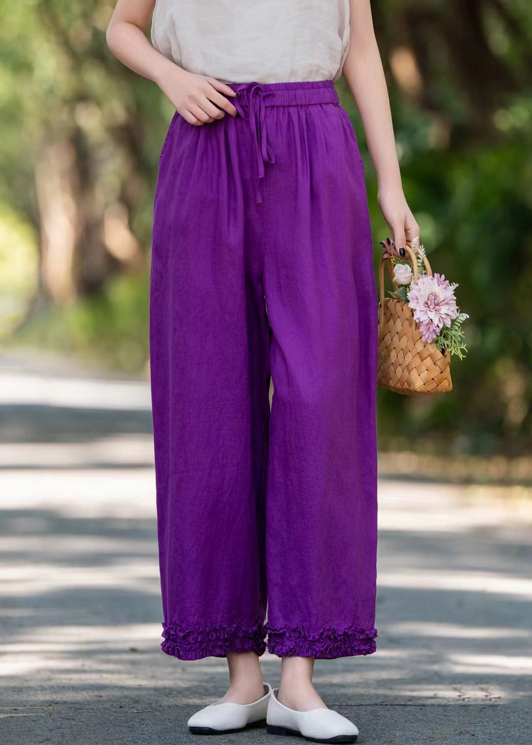 Linen Purple Solid Pockets Wide Pants Ruffled Leg Stylish