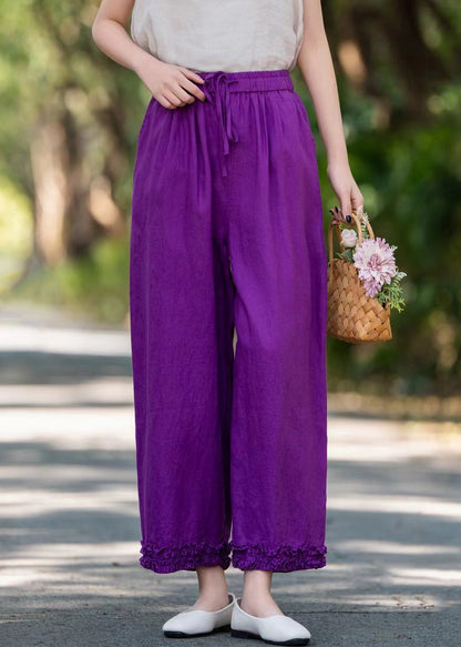 Linen Purple Solid Pockets Wide Pants Ruffled Leg Stylish
