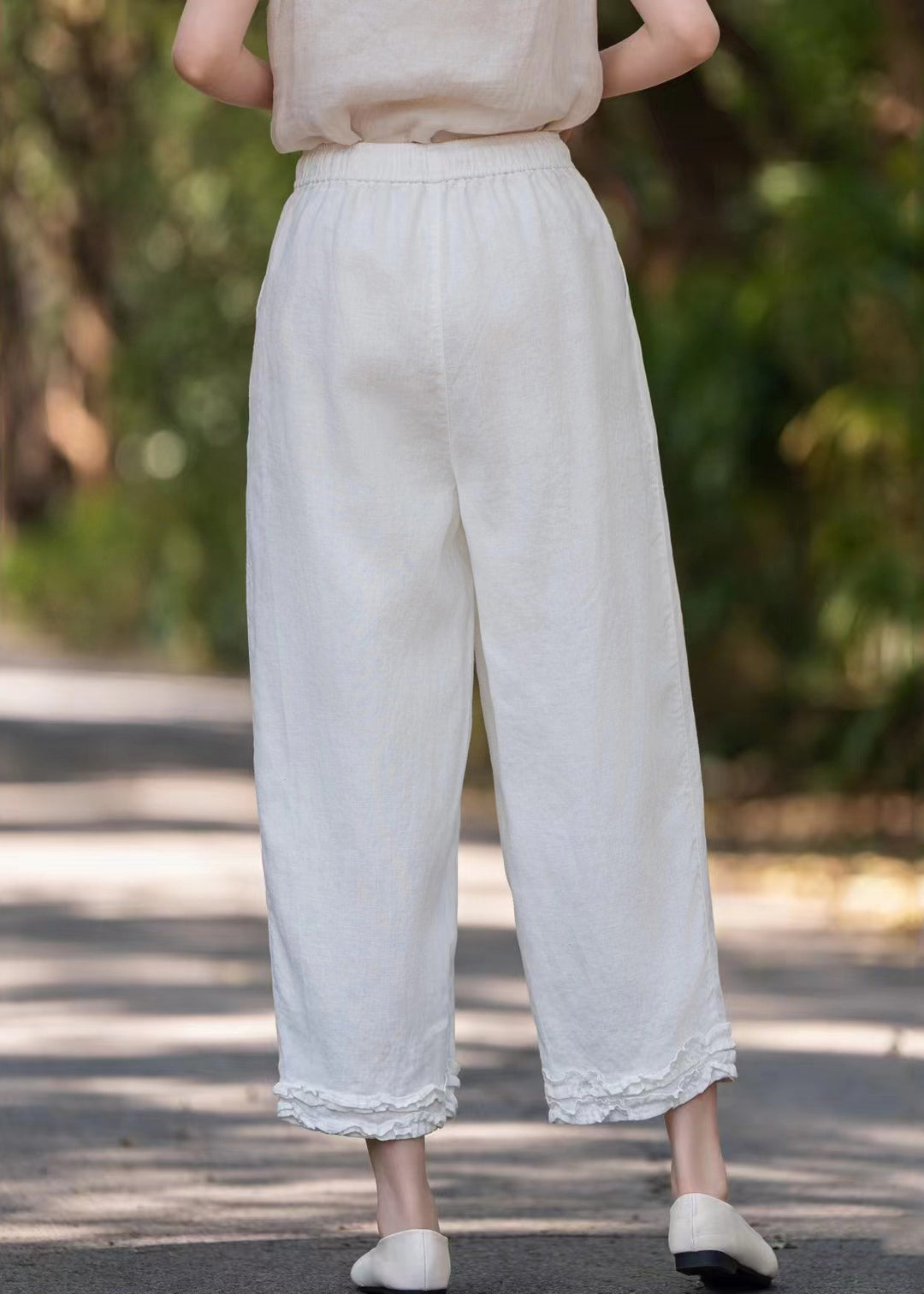 Linen Purple Solid Pockets Wide Pants Ruffled Leg Stylish