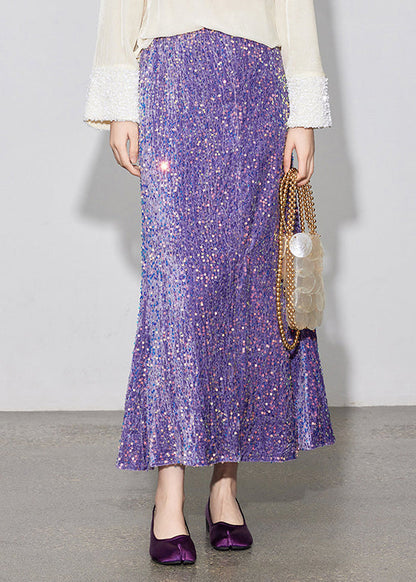 Elastic Skirt Silk Spring Stylish Sequins Velvet Waist Purple