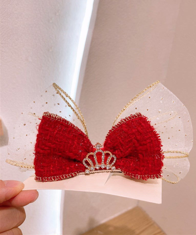 Stylish Red Alloy Tulle Fabric Zircon Bow Kids Hairpin YG039