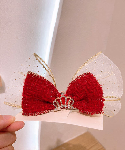 Stylish Red Alloy Tulle Fabric Zircon Bow Kids Hairpin YG039