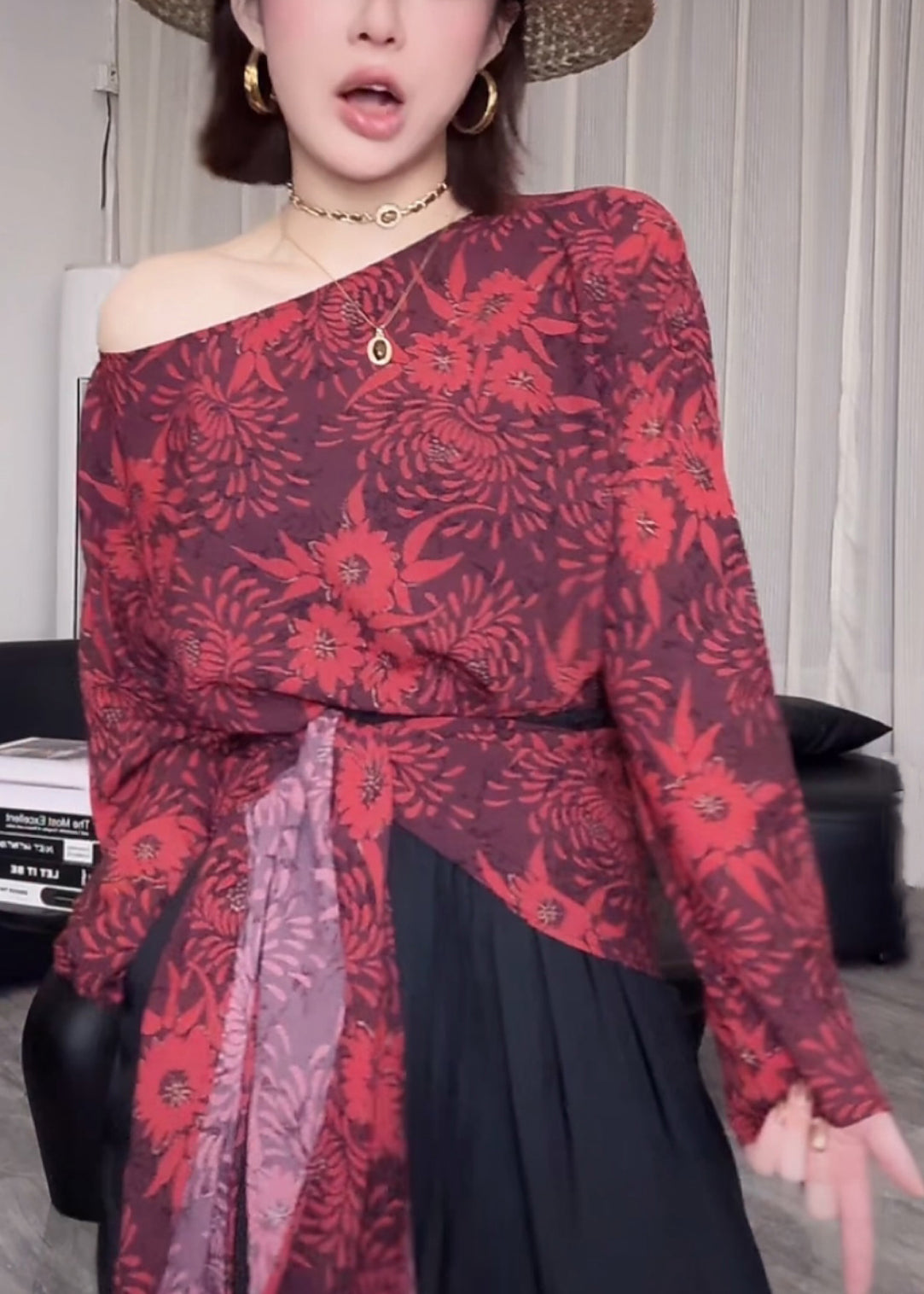 Print Fall Stylish Asymmetrical Shirts Cotton Waist Tie Red