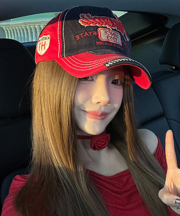 Denim Red Baseball Embroideried Cap Hat Stylish